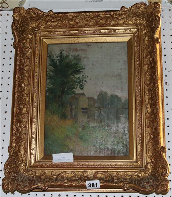 19th century English School, oil on panel, watermill